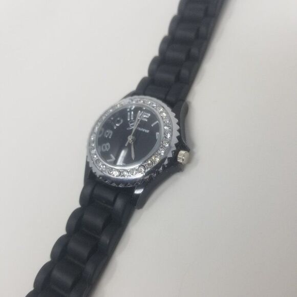 Geneva Black Silicone Adjustable Strap Gemmed Crystal Bezel 10026 Women's Watch - Picture 12 of 13